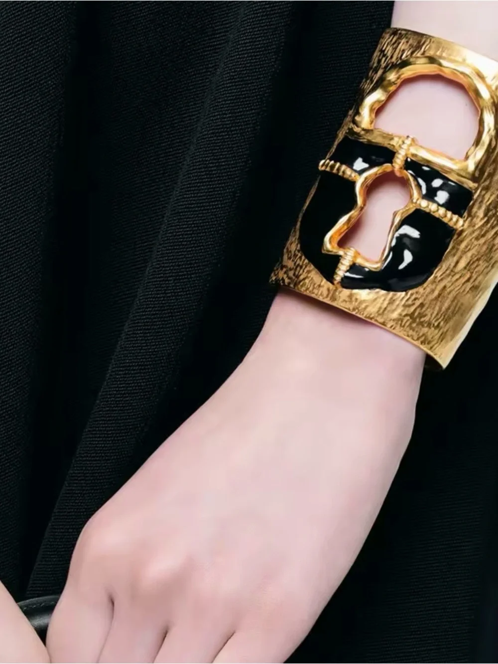 Gold-Tone Black Enamel Sculpted Cuff Bracelet